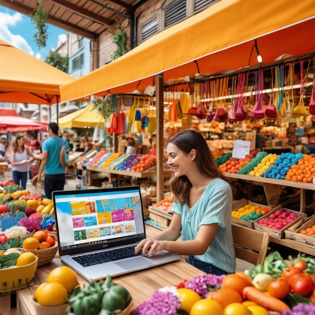 A split-screen image illustrating the joy of shopping both online and offline. On the left, a vibrant scene of a person joyfully browsing an online store on a laptop, surrounded by colorful virtual items floating around. On the right, a cheerful shopper enjoying a sunny day at a local market, filled with lively stalls and happy people. Emphasize bright colors and a sense of happiness and excitement in both scenarios. vibrant colors. super-realistic.