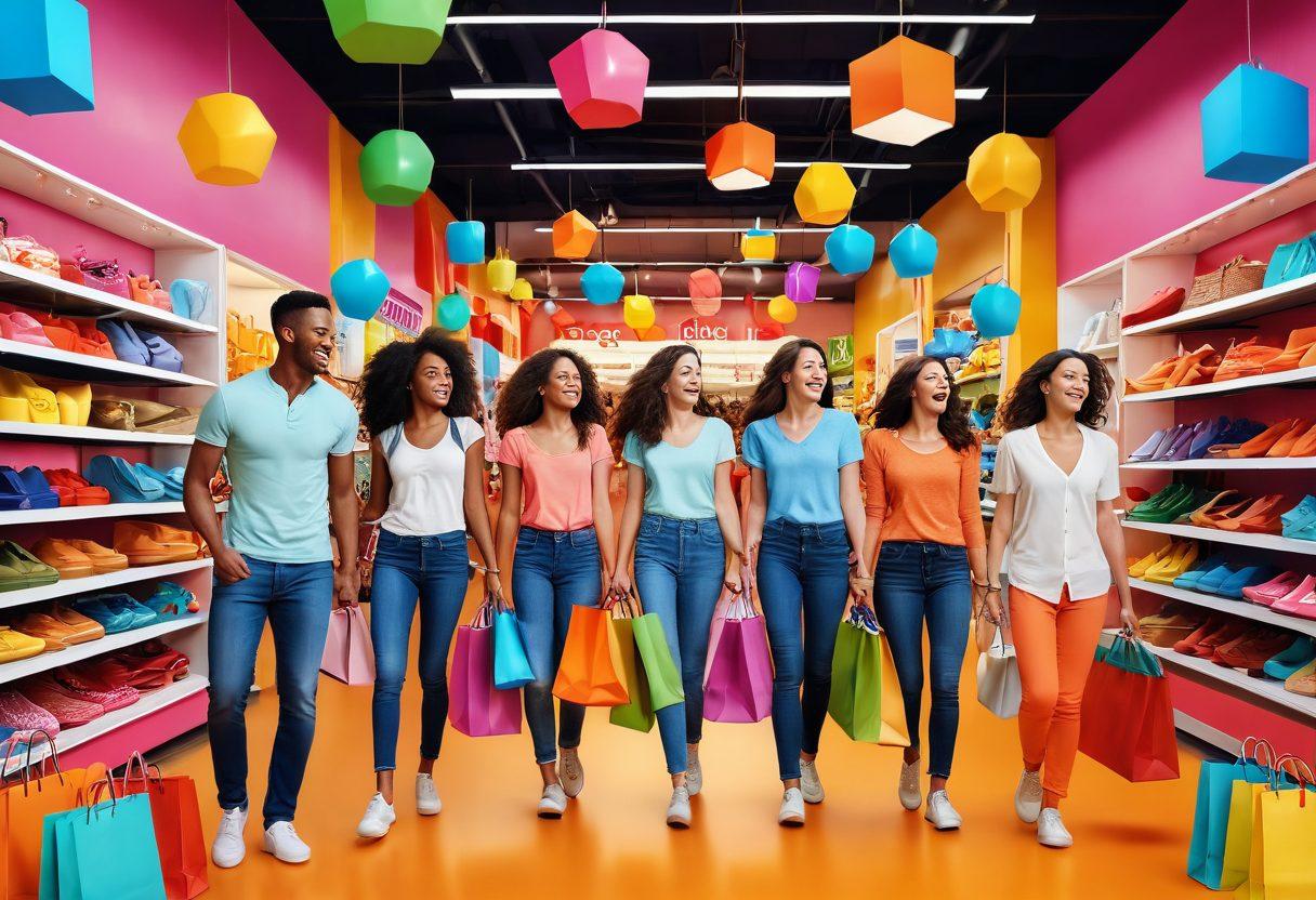 A vibrant shopping scene depicting a diverse group of happy shoppers experiencing joy in a colorful retail environment, surrounded by playful merchandise that sparks excitement, with whimsical elements like animated bags and cheerful store displays. Bright, uplifting colors fill the background to evoke a sense of cheerful retail therapy. super-realistic. vibrant colors. 3D.